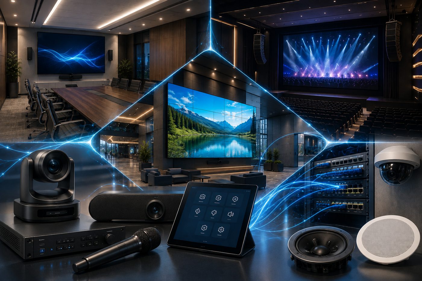 Audio/video integration collage — conference room displays, video wall, PTZ camera, mixer, microphone and speakers