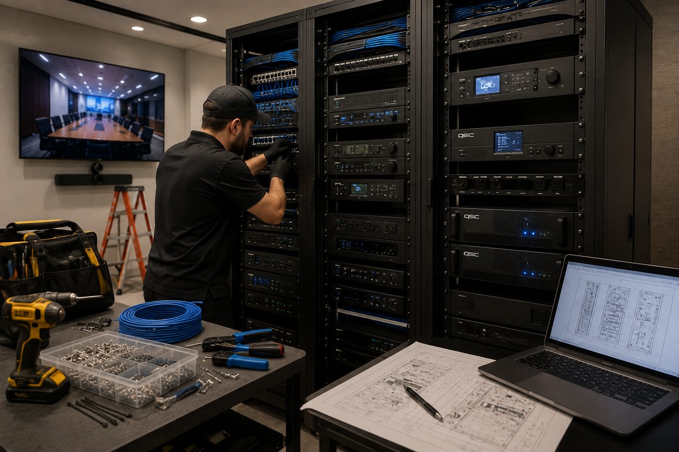 Technician wiring an equipment rack in an AV closet, with cable spools and tools on the bench