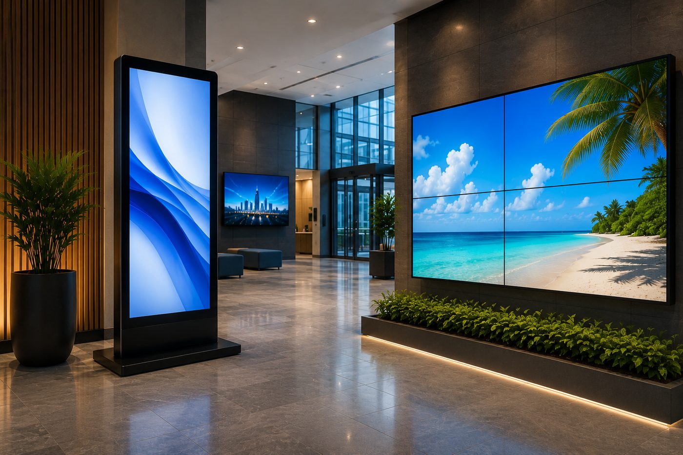 Digital signage display array in a modern corporate lobby, freestanding kiosk and video wall