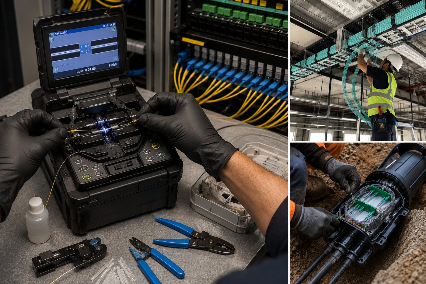 Fiber optic splicing, overhead cable tray installation and underground fiber vault termination