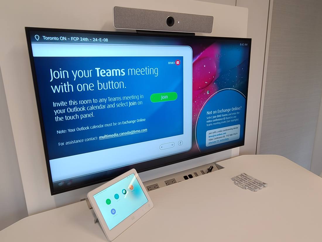 Teams room panel showing one-touch join prompt