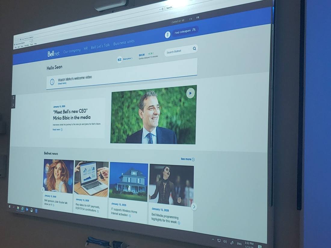 Interactive smart board displaying a campus intranet homepage