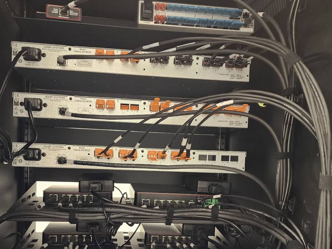 Equipment rack with Biamp signal processors and network switches