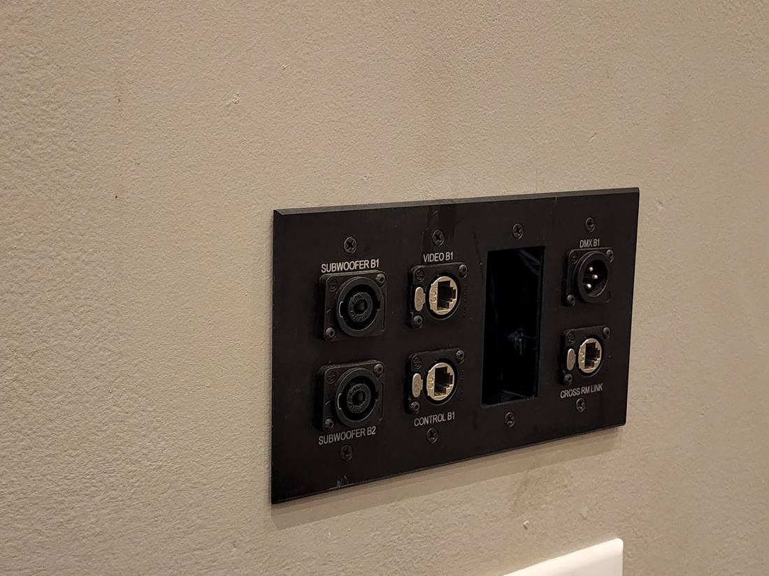 Labeled AV wall plate with subwoofer, video, control and DMX connectors