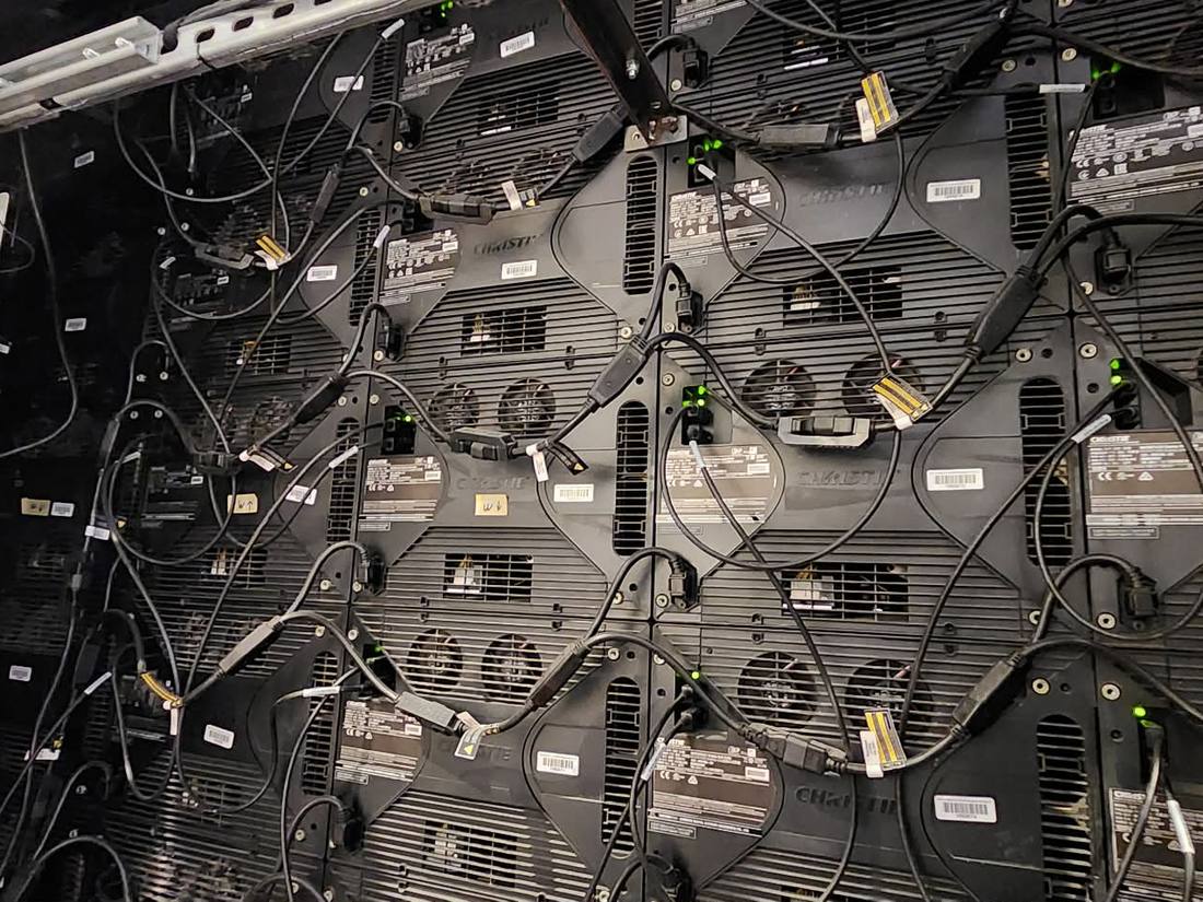 Rear wiring detail of an LED video wall panel array