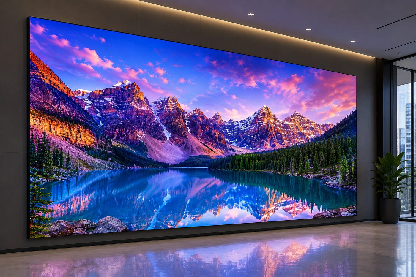 Large-format LED video wall displaying a mountain lake scene in a modern corporate lobby