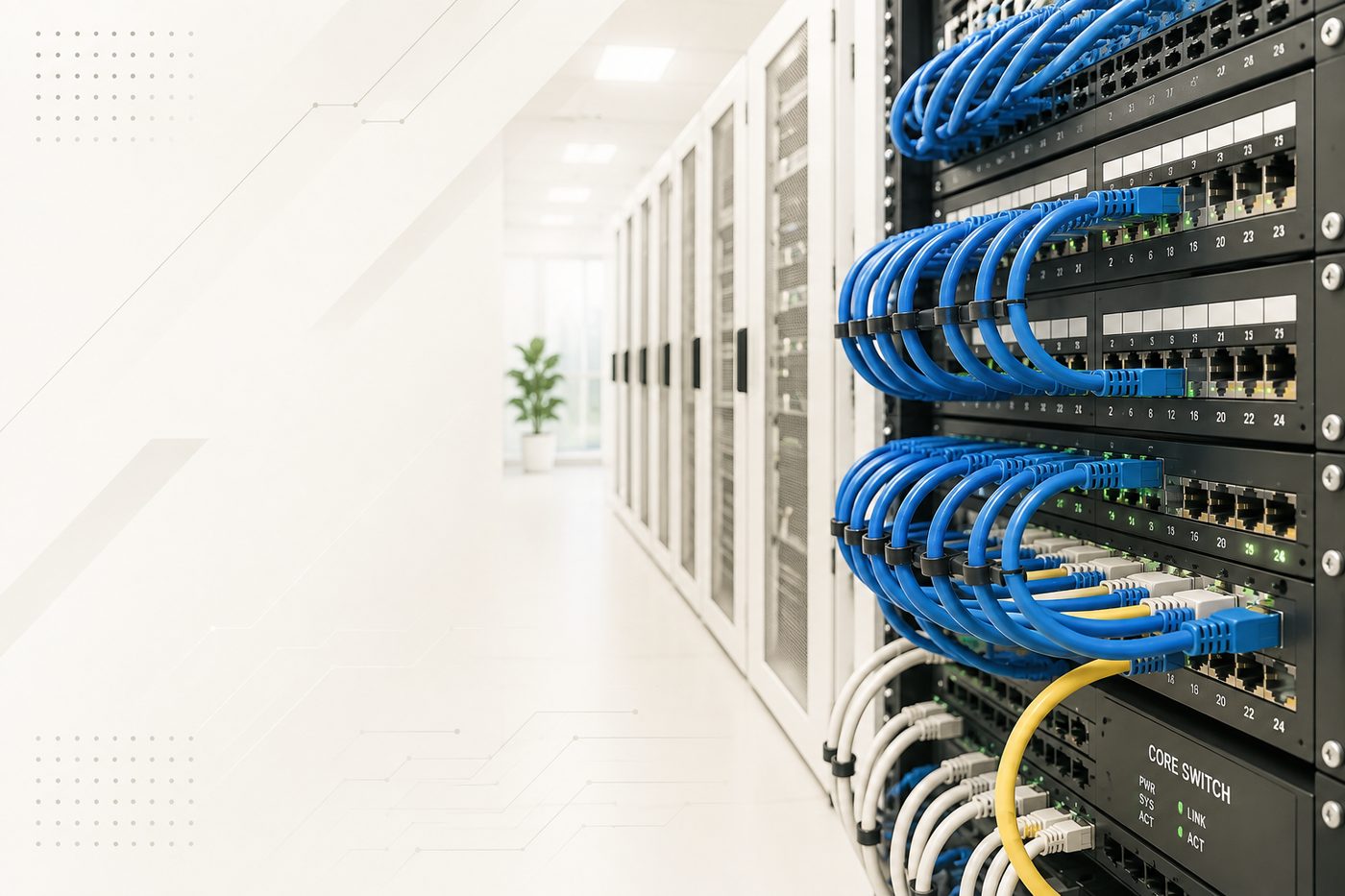 Structured network cabling rack with core switch and patch cables