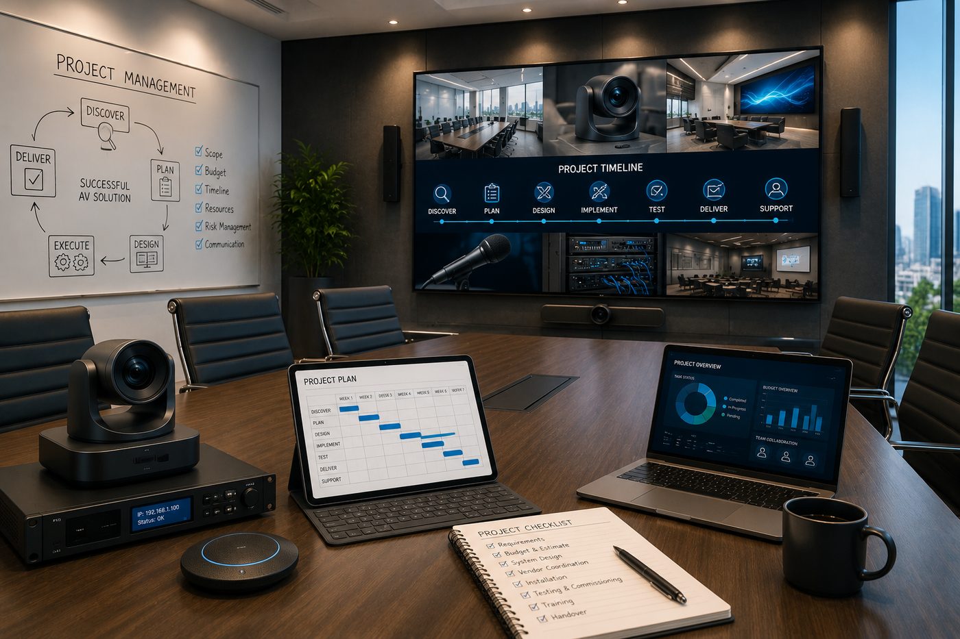 Project management workflow in a conference room — Gantt chart, project checklist and AV equipment on the table