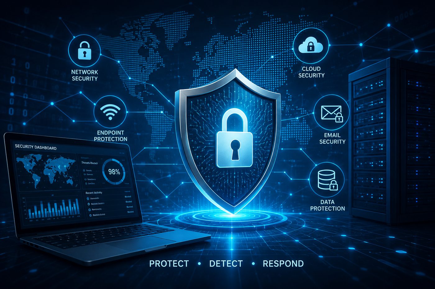 Cybersecurity shield graphic representing network, cloud, endpoint, email and data protection